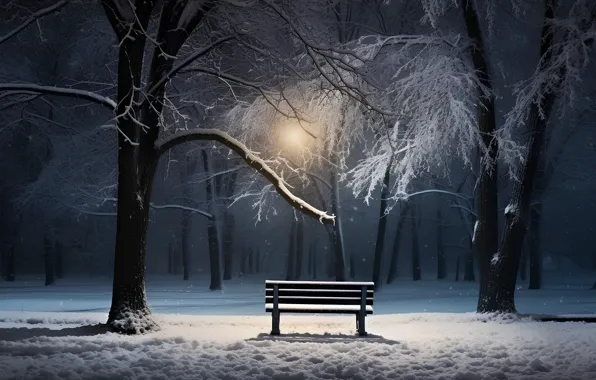 Картинка зима, снег, деревья, скамейка, ночь, lights, парк, Christmas