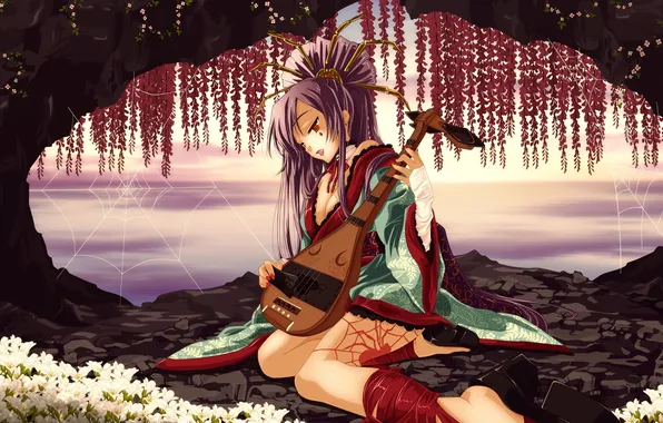 Картинка девушка, цветы, паутина, паук, тату, кимоно, музыкальный инструмент, грот