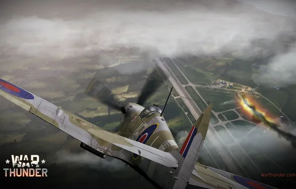 Огонь, пламя, дым, истребитель, бомбардировщик, аэродром, британский, Spitfire