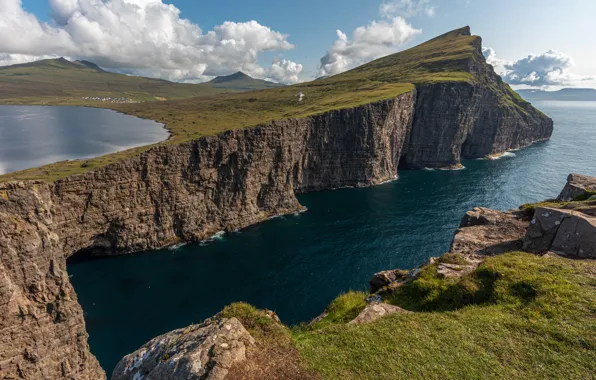 Картинка фото, Природа, Озеро, Скала, Дания, Мох, Faroe Islands, Lake Sørvágsvatn