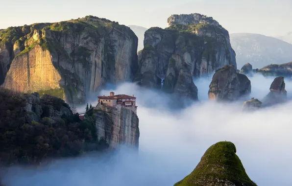 Картинка landscape, nature, mountains, clouds, rocks, architecture, building, Greece
