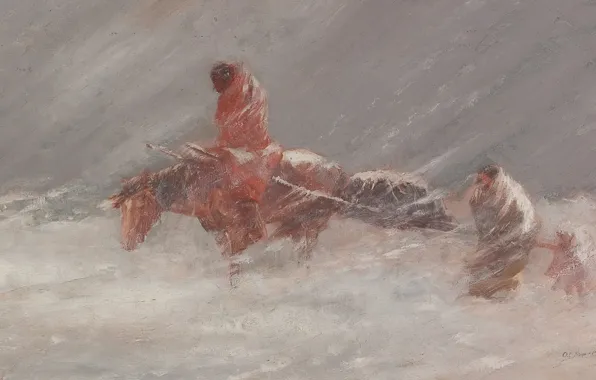 Картинка вода, лошадь, повозка, Oscar Edmund Berninghaus, Snow Storm