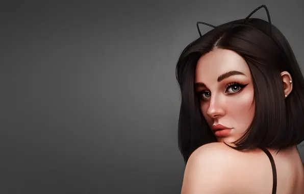 Девушка, Рисунок, Взгляд, Губы, Лицо, Girl, Ушки, Art