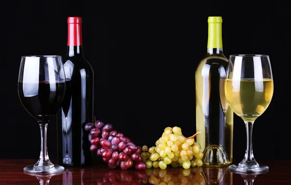 Картинка вино, красное, белое, бокалы, виноград, бутылки, wine, grapes