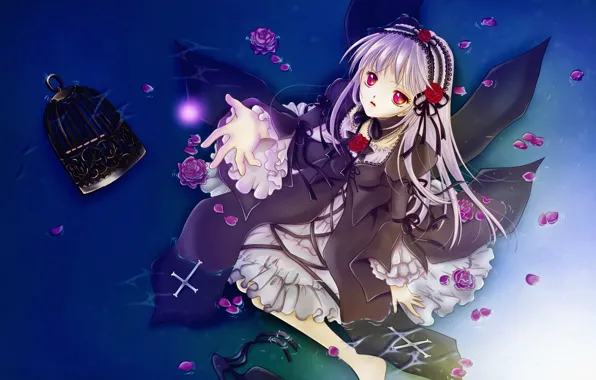 Вода, крест, клетка, лепестки, красные глаза, rozen maiden, suigintou, art