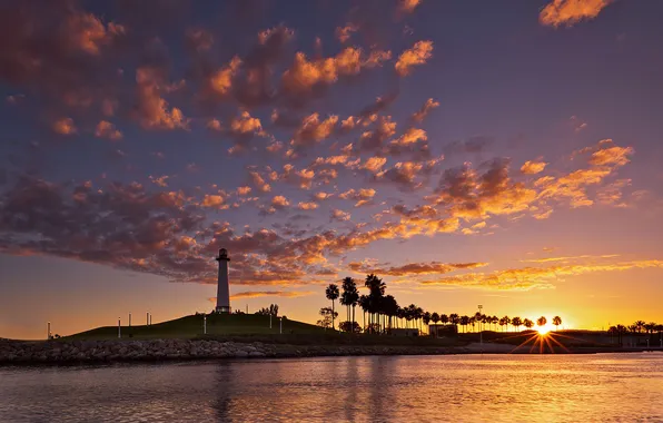 Картинка закат, пальмы, океан, берег, маяк, California Coast