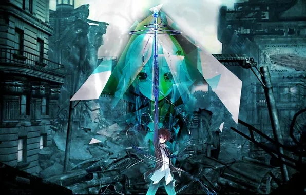 Картинка Inori Yuzuriha, Shu Ouma, Guilty Crown, огромный меч, Разрушенный город