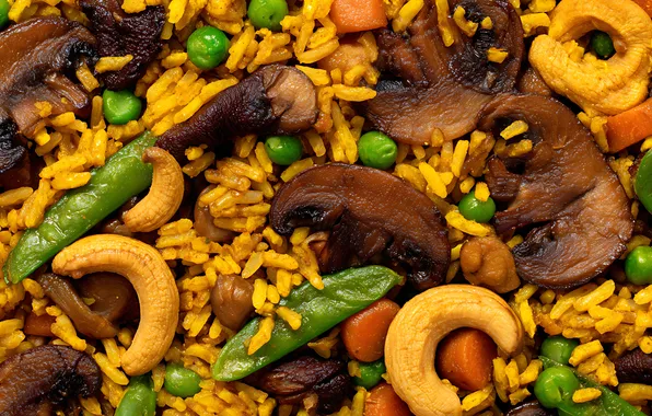 Макро, грибы, еда, рис, орехи, блюдо, шампиньоны, кешью