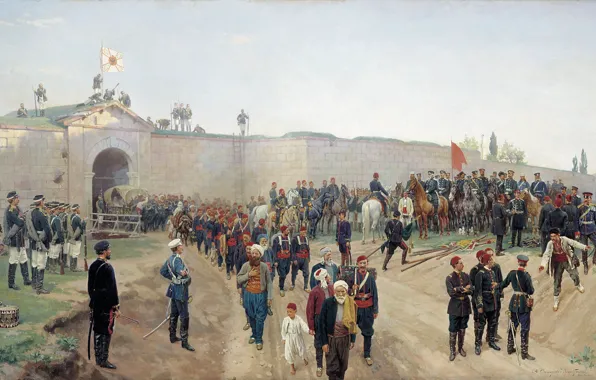 Картинка крепость, Холст, Николай ДМИТРИЕВ-ОРЕНБУРГСКИЙ, пленые, Сдача крепости Никополь 4 июля 1877 года. 1883