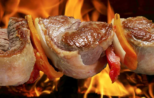 Макро, огонь, пламя, мясо, барбекю, шашлык, приготовление, шашлыки