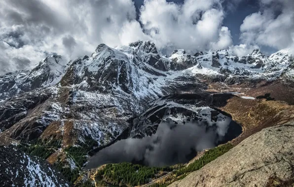 Облака, горы, озеро, вид сверху, mountains, clouds, lake, красота природы