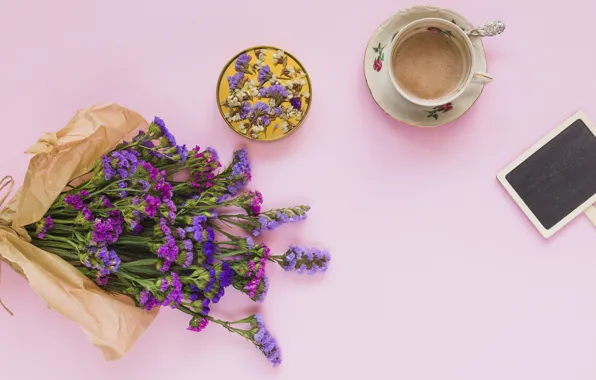 Цветы, букет, фиолетовые, flowers, beautiful, romantic, coffee cup, purple