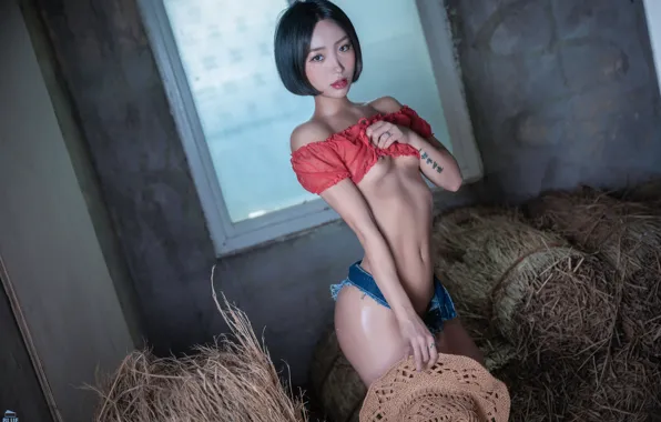 Asian, short hair, model, women, window, brunette, flashing, straw