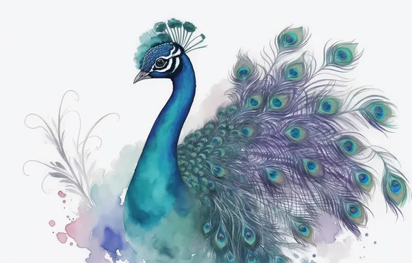 Птицы, птица, рисунок, красота, акварель, павлин, bird, birds