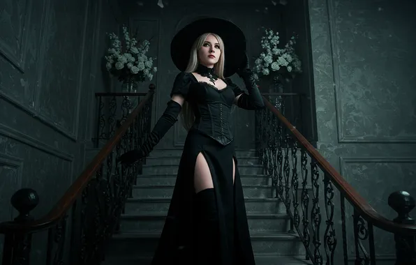 Шляпа, платье, арт, ступени, wallpaper, dress, hat, art