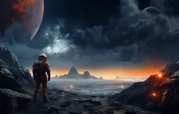 Landscape, science fiction, clouds, planet, astronaut, AI art