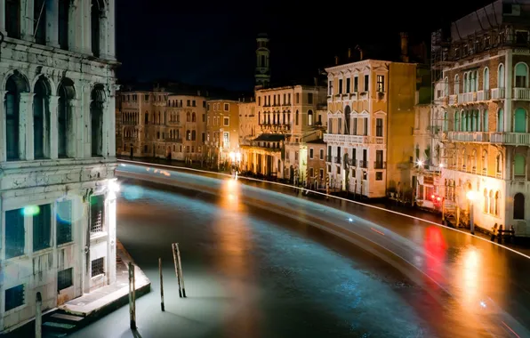 Ночь, город, огни, река, colors, Италия, Венеция, light
