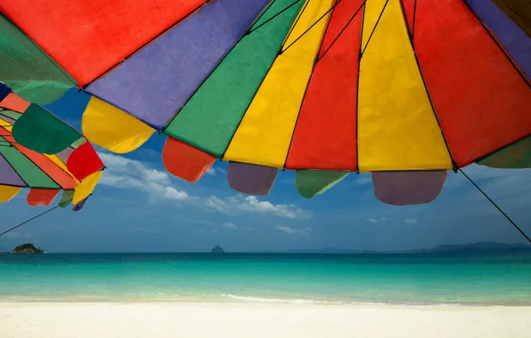 Картинка море, пляж, лето, небо, солнце, свет, природа, зонтик