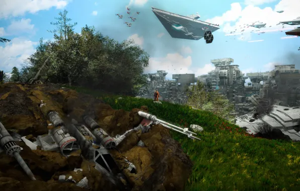 Растительность, холм, сооружения, летающие аппараты, Crash Landing