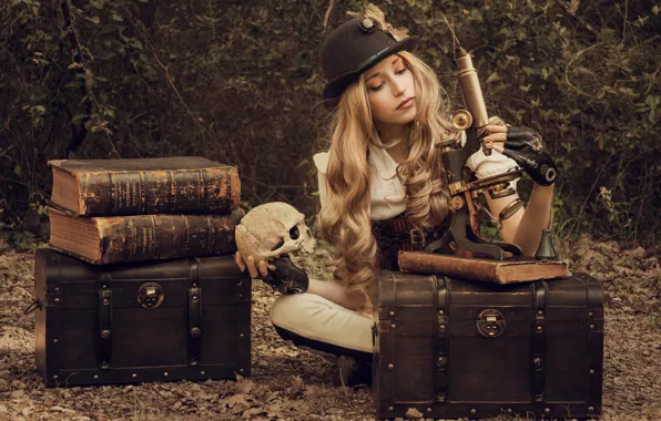 Картинка девушка, книги, череп, шляпа, локоны, сундуки, микроскоп