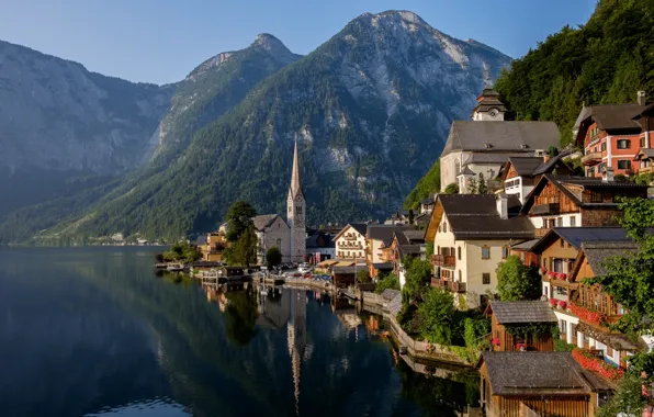 Горы, озеро, дома, Австрия, Альпы, Austria, Hallstatt, Alps