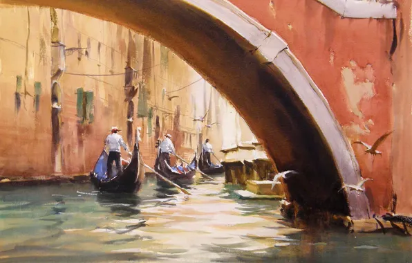 Картинка птицы, мост, чайки, картина, арт, акварель, Италия, Венеция