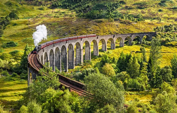 Паровоз, Шотландия, Поезд, Виадук, 1901, Гленфиннан, Glenfinnan Viaduct