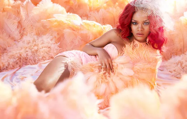 Взгляд, модель, портрет, перья, платье, певица, Rihanna, Рианна