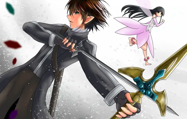 Эльф, меч, аниме, арт, девочка, парень, Мастера меча онлайн, Sword Art Online