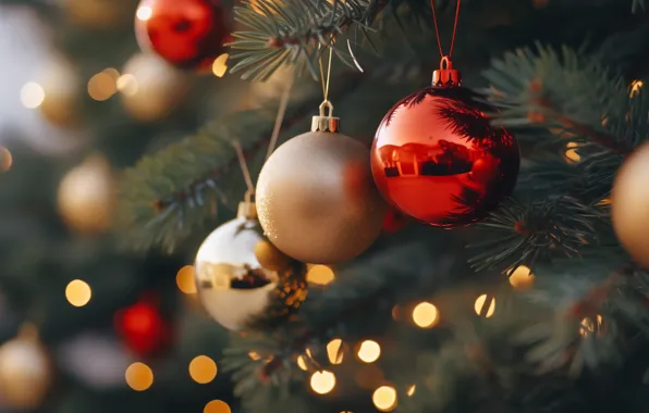 Украшения, фон, шары, елка, Новый Год, Рождество, golden, new year