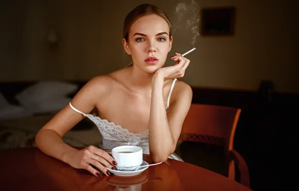 Взгляд, девушка, дым, кофе, портрет, сигарета, чашка, Георгий Чернядьев