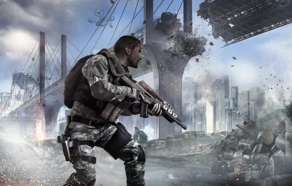 Мост, город, война, солдат, Call of Duty Black Ops 2