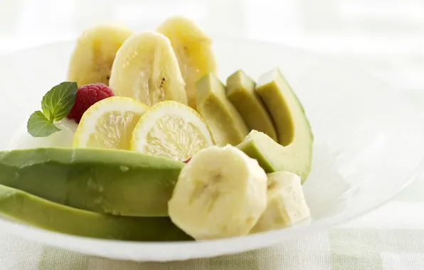 Зелень, листья, фон, обои, лимон, еда, фрукты, банан
