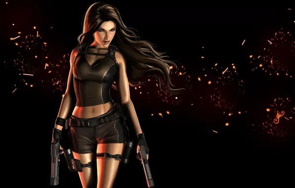 Взгляд, девушка, оружие, волосы, пистолеты, арт, Tomb Raider, черный фон
