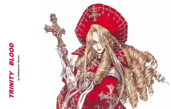 Крест, перчатки, trinity blood, длинные волосы, локоны, монокль, головной убор, кровь триединства