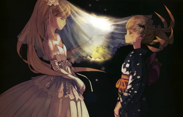 Перчатки, черный фон, юката, фата, art, bakemonogatari, свадебное платье, vofan