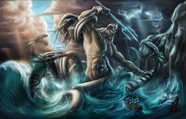 Картинка змеи, молнии, корона, трезубец, бог морей, фантастический арт, могучее телосложение, свет свозь облака