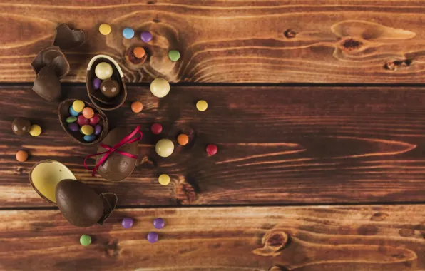 Картинка шоколад, яйца, colorful, конфеты, Пасха, wood, chocolate, spring