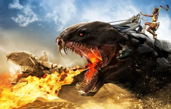 Axe, fire, flame, Gods, snake, sky, desert, woman