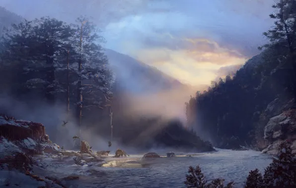 Winter, Hudson River, Illustration, Hudson River inspired forest, Wild west, by Louise Meijer, Louise Meijer