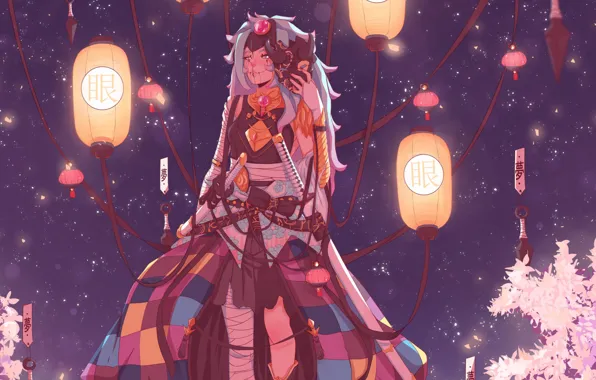 Ночь, Фэнтези, Самурай, Fantasy, Катана, Samurai, Illustration, Athena