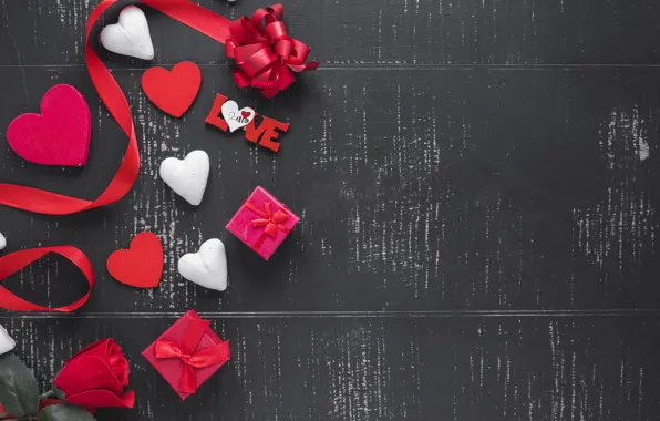Праздник, роза, Love, лента, подарки, сердечки, valentine's day