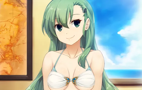 Girl, sexy, cleavage, green eyes, long hair, boobs, anime, beautiful