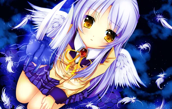 Картинка девушка, крылья, аниме, перья, арт, школьница, angel beats!, ангельские ритмы