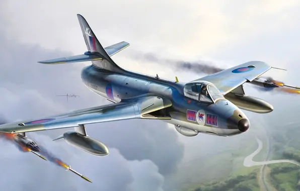 Картинка небо, рисунок, арт, самолёт, истребитель-бомбардировщик, ВВС Великобритании, Hawker Hunter FGA6/FGA9