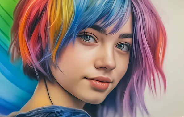 Девушка, рисунок, карандаши, generated, цветные волоса