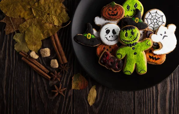 Картинка Halloween, ghost, monster, hat, wood, food, leaves, sweets