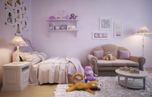 Дизайн, диван, игрушки, лампа, кровать, интерьер, design, interior