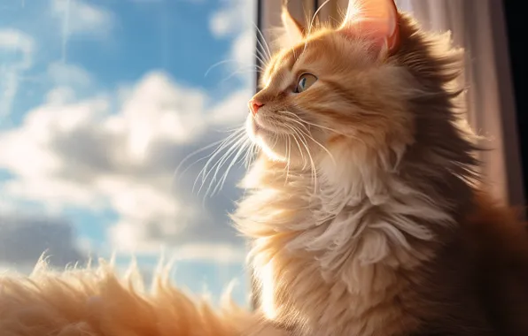 Кошка, взгляд, стекло, облака, свет, поза, котенок, окно