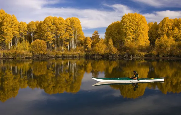 Осень, лес, небо, вода, облака, деревья, отражение, река